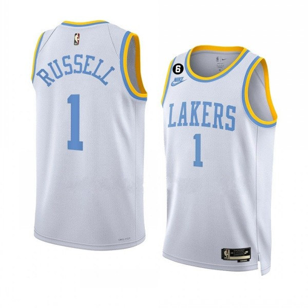 Men's Los Angeles Lakers #1 D’Angelo Russell 2022-23 White Classic Edition With No.6 Patch Stitched Basketball Jersey Men's Los Angeles Lakers #1 D’Angelo Russell 2022-23 White Classic Edition With No.6 Patch Stitched Basketball Jersey
